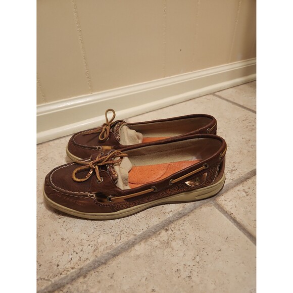Sperry Women's Top Sider Angelfish Boat Shoes Brown Leather Bronze Accents Sz 10 - Picture 2 of 11